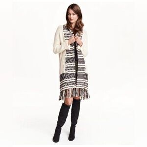 H&M Women's Cream and Black Boho Cardigan Sweater with fringe detailing size XS
